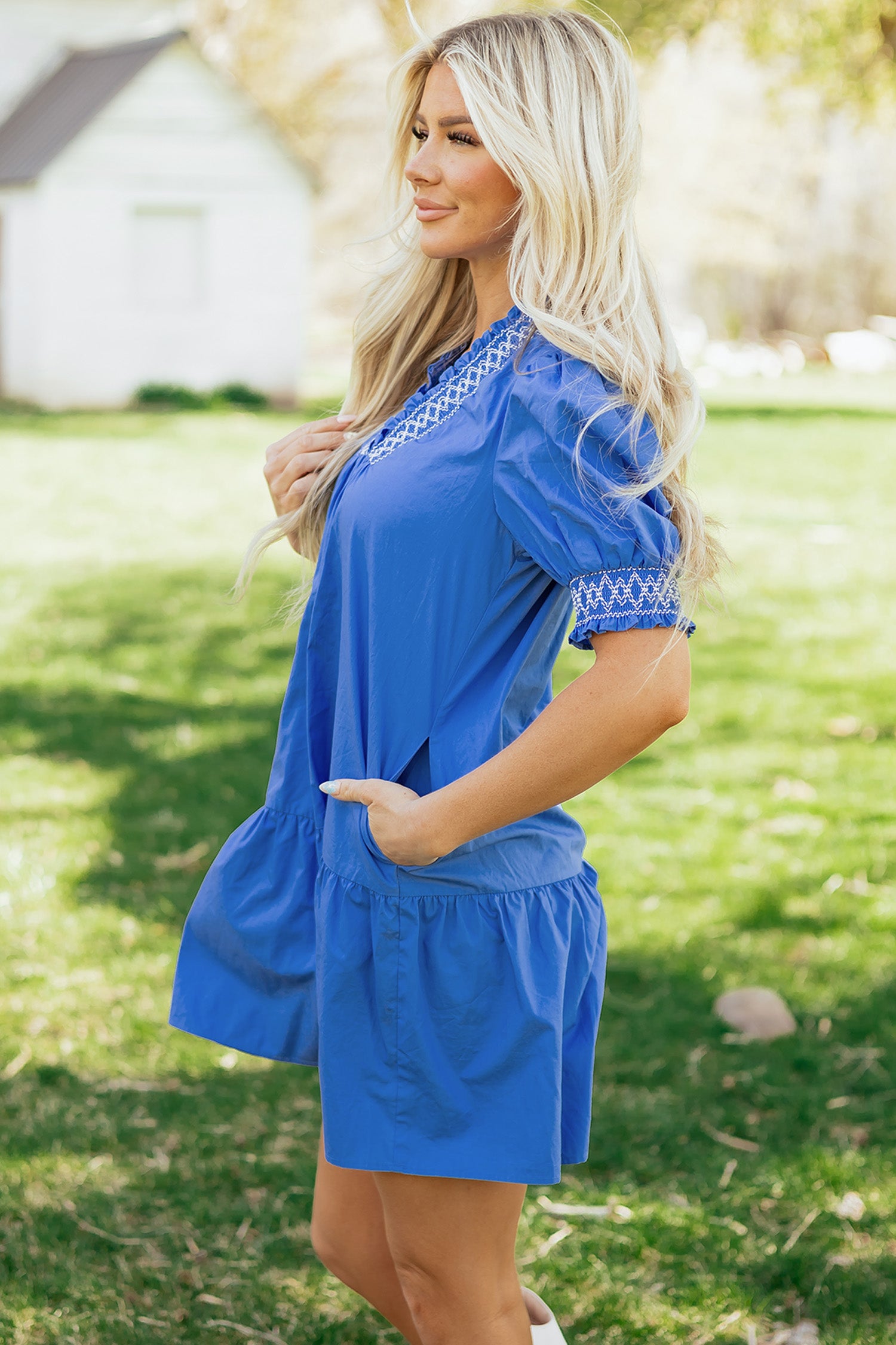 Sky Blue Embroidered Smocked Detail V Neck Short Puff Sleeve Mini Dress-TOPS / DRESSES-[Adult]-[Female]-2022 Online Blue Zone Planet
