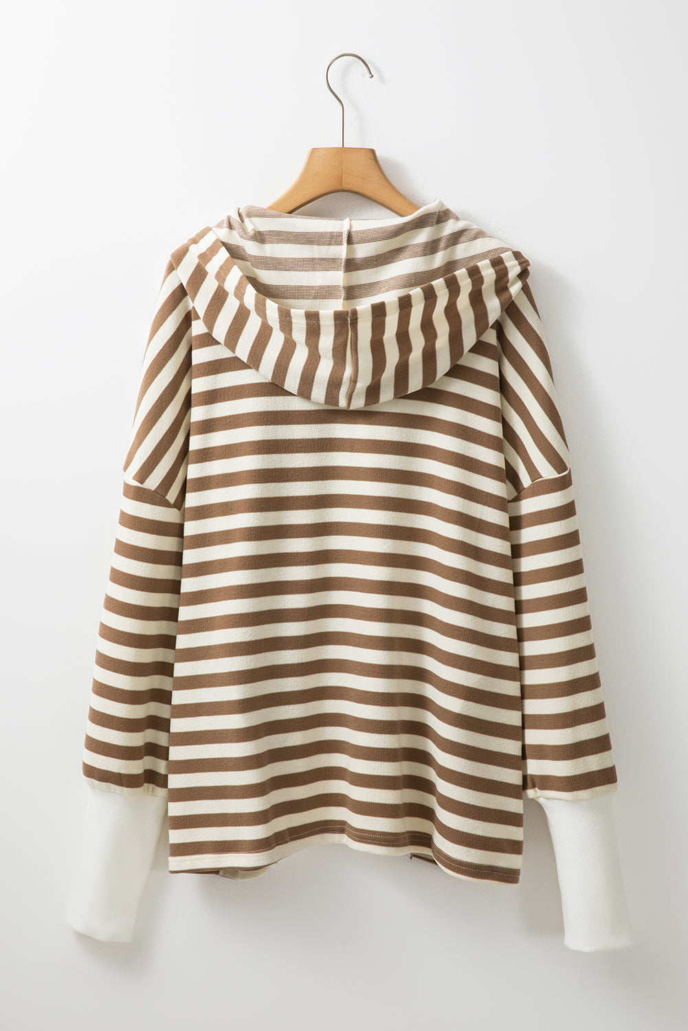 Brown Stripe Drop Sleeve Plus Size Henley Hoodie-Plus Size Tops-[Adult]-[Female]-2022 Online Blue Zone Planet