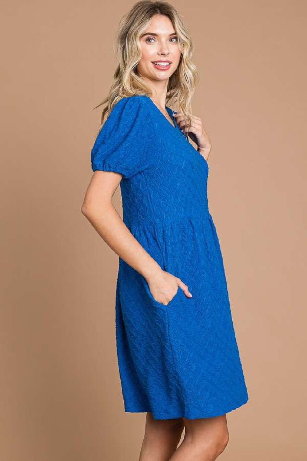 Blue Zone Planet |  Culture Code Texture Round Neck Short Sleeve Dress with Pockets BLUE ZONE PLANET