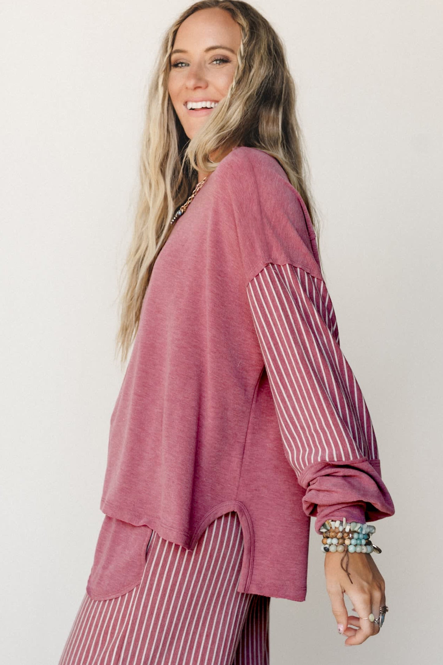 Fushia Raw Seam Patchwork Long Sleeve Top Pocket Casual Pants 2pcs Set-Two Piece Sets/Pant Sets-[Adult]-[Female]-2022 Online Blue Zone Planet