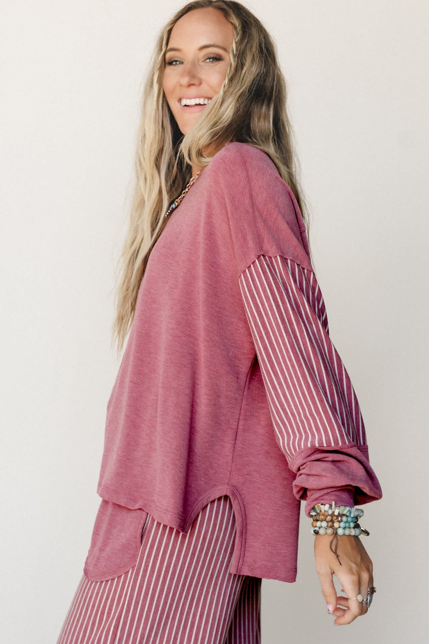 Fushia Raw Seam Patchwork Long Sleeve Top Pocket Casual Pants 2pcs Set-Two Piece Sets/Pant Sets-[Adult]-[Female]-2022 Online Blue Zone Planet