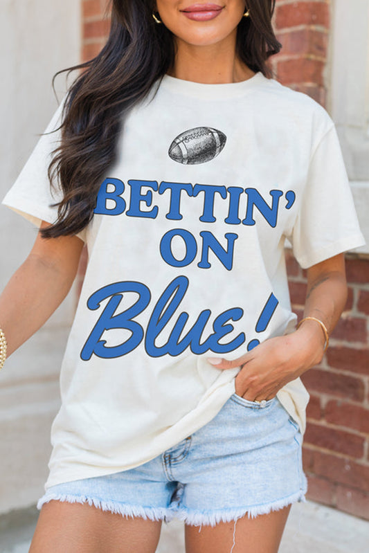 White Rugby Football Bettin On Blue Graphic Crewneck T Shirt-Graphic/Graphic Tees-[Adult]-[Female]-White-S-2022 Online Blue Zone Planet