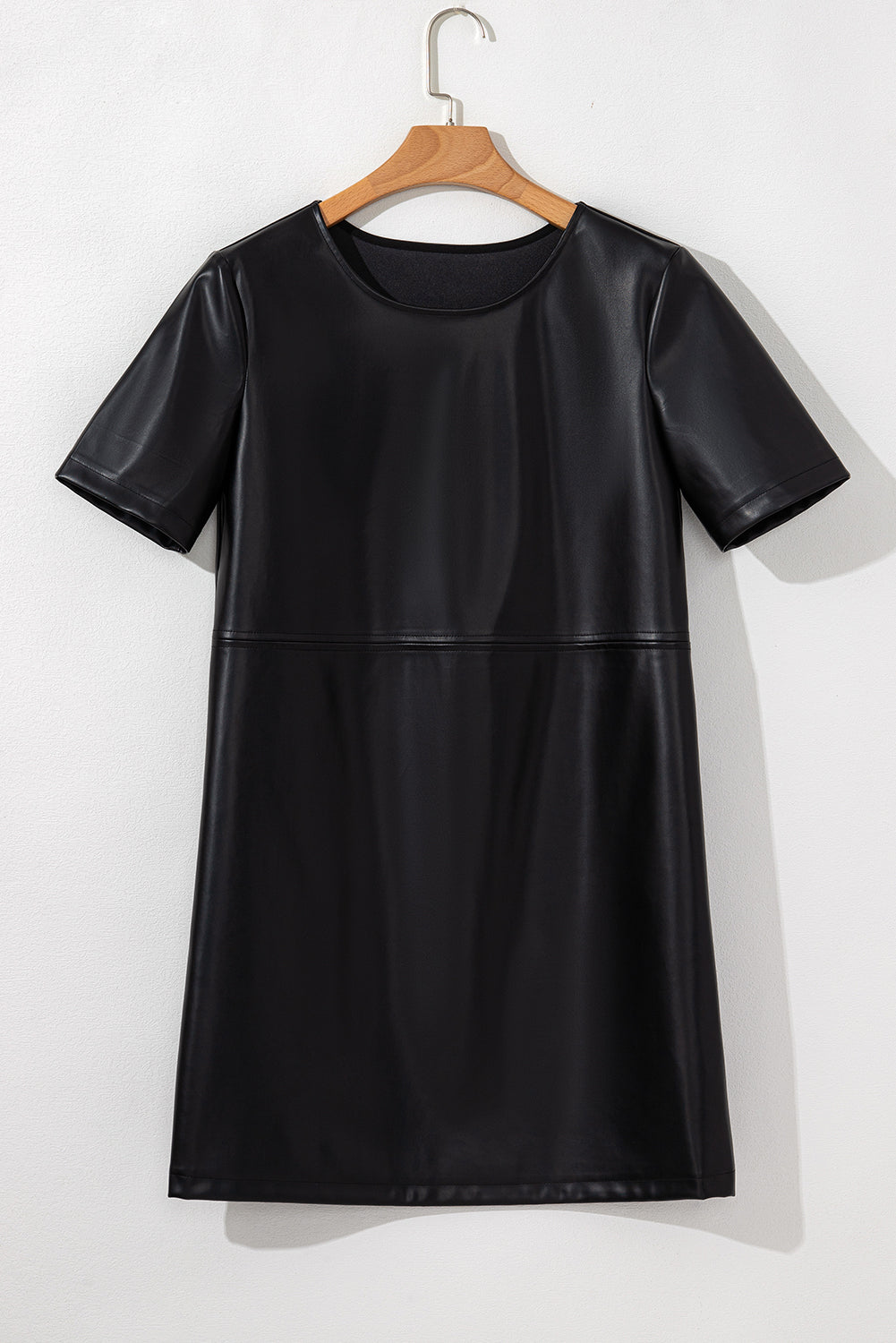 Black Solid Color Faux Leather Short Sleeve Mini Dress-Short Dresses-[Adult]-[Female]-2022 Online Blue Zone Planet