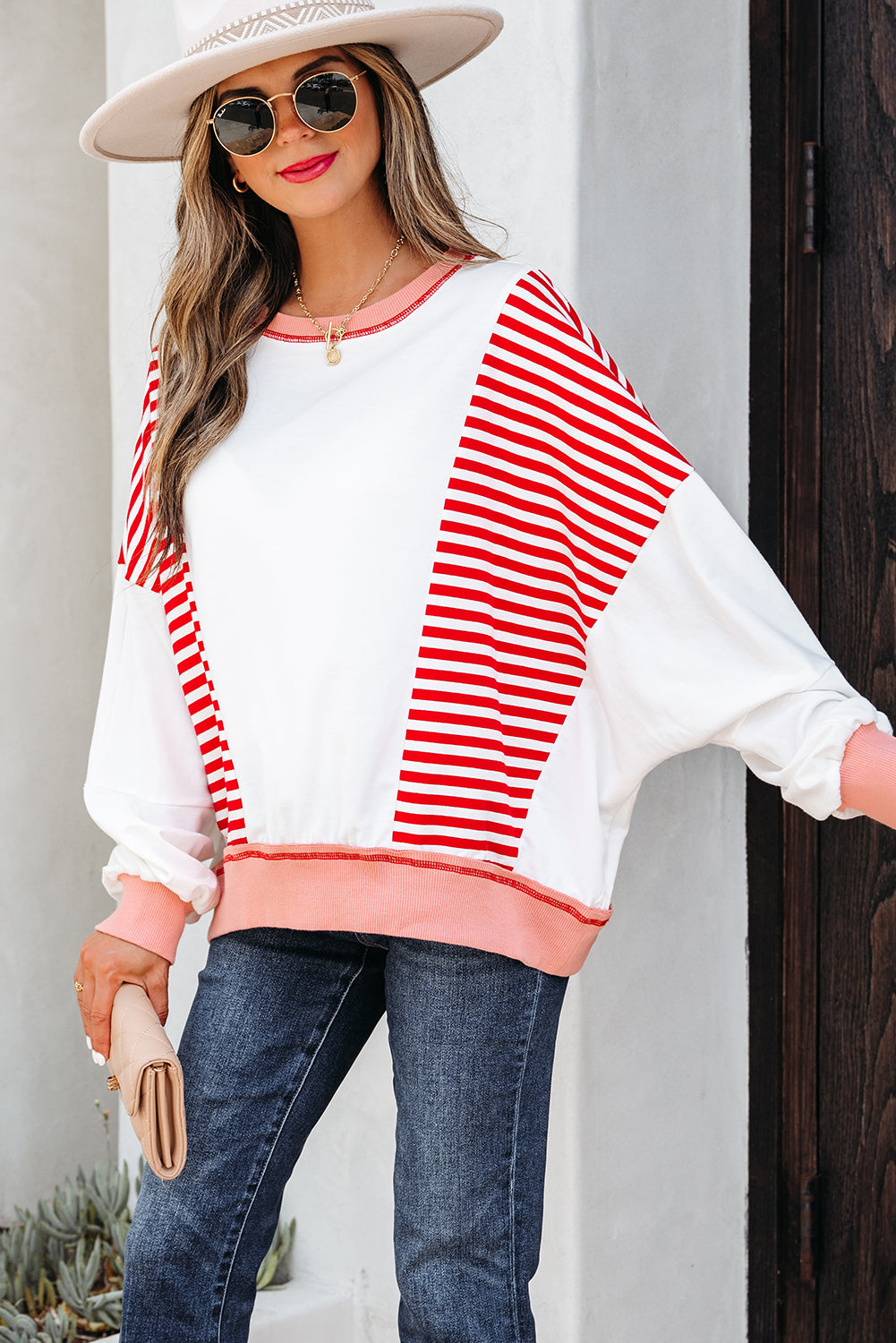 Red Stripe Colorblock Patchwork Contrast Stitching Oversize Sweatshirt-Tops/Sweatshirts & Hoodies-[Adult]-[Female]-2022 Online Blue Zone Planet
