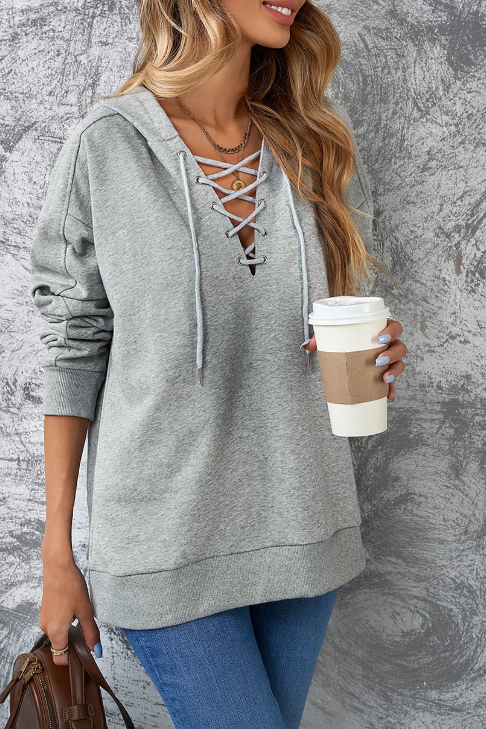 Lace Up Long Sleeve Hoodie-TOPS / DRESSES-[Adult]-[Female]-2022 Online Blue Zone Planet