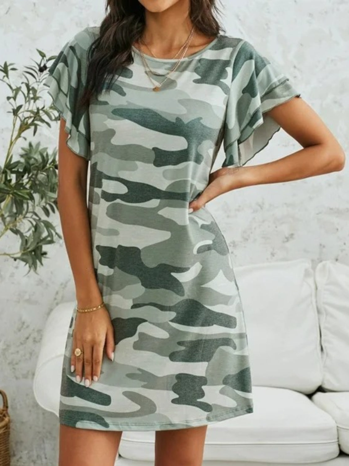 Camouflage Round Neck Short Sleeve Mini Dress-TOPS / DRESSES-[Adult]-[Female]-2022 Online Blue Zone Planet