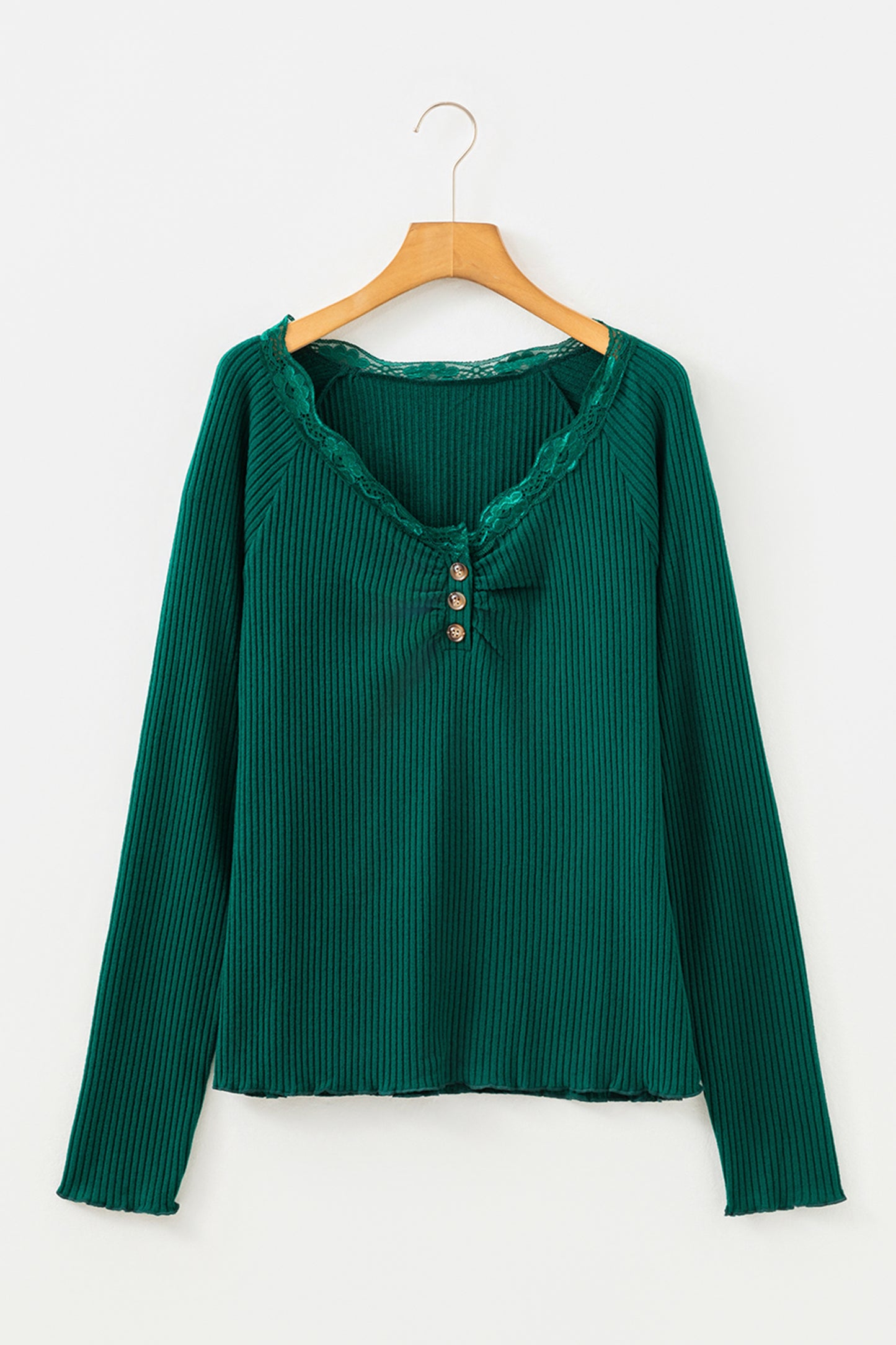 Skobeloff Lace Neckline Button Decor Lettuce Edge Long Sleeve Ribbed Top-Tops/Long Sleeve Tops-[Adult]-[Female]-2022 Online Blue Zone Planet