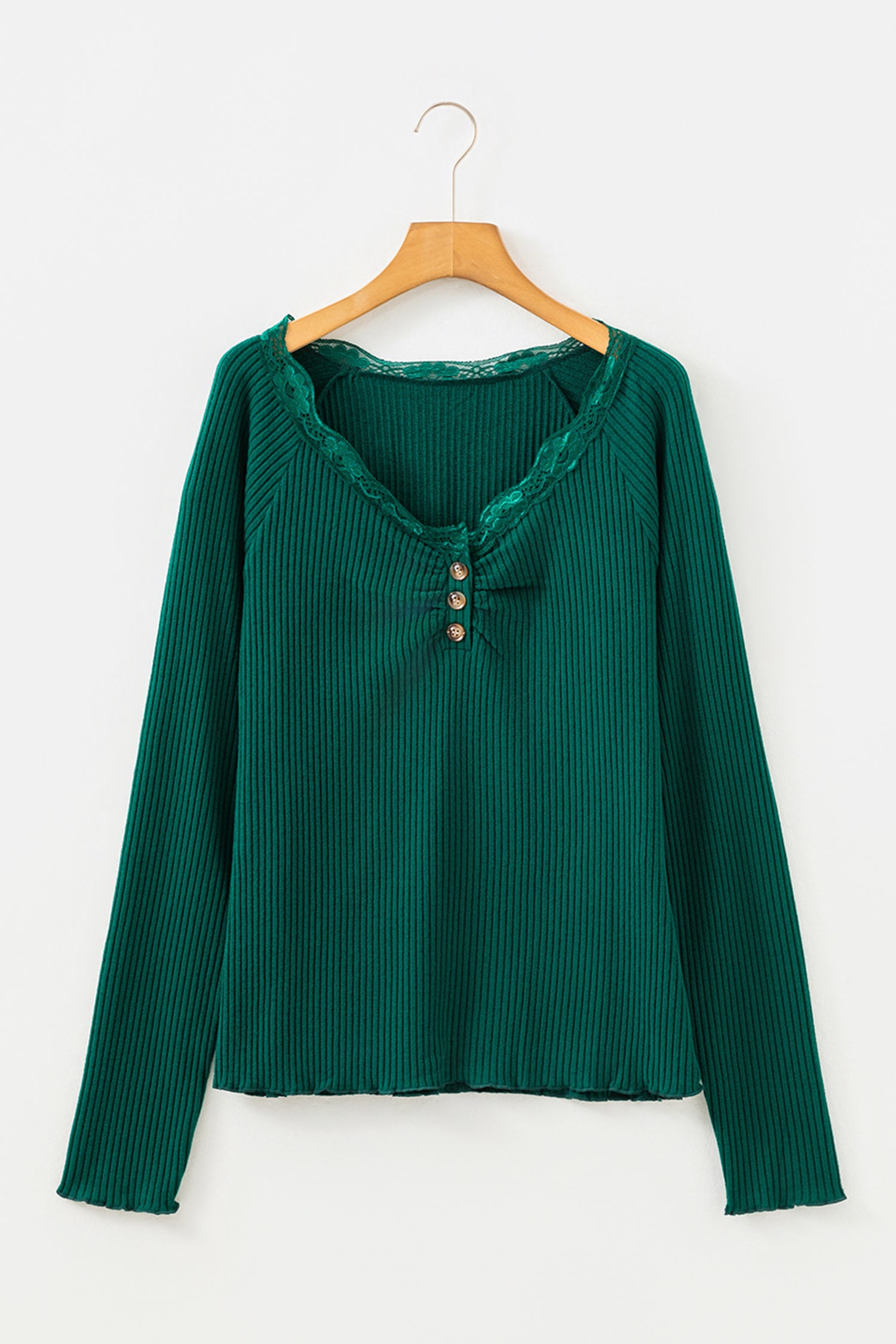 Skobeloff Lace Neckline Button Decor Lettuce Edge Long Sleeve Ribbed Top-Tops/Long Sleeve Tops-[Adult]-[Female]-2022 Online Blue Zone Planet