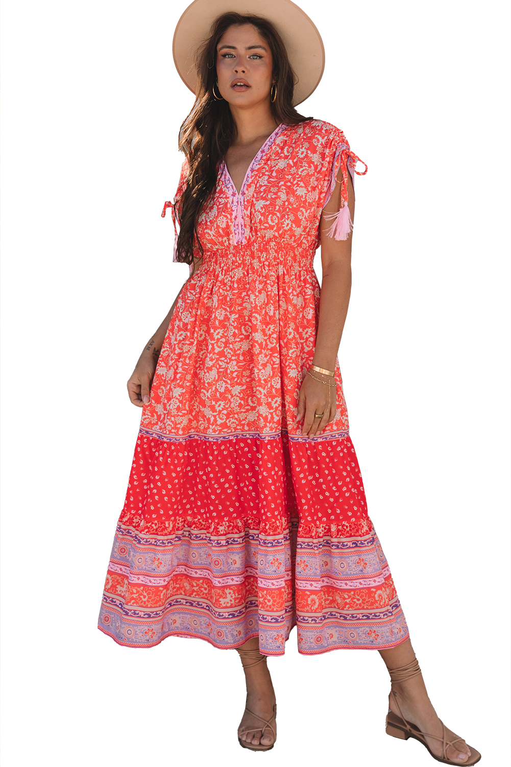 Red Floral Print Tasseled Tied Sleeve Empire Waist Maxi Dress-TOPS / DRESSES-[Adult]-[Female]-2022 Online Blue Zone Planet