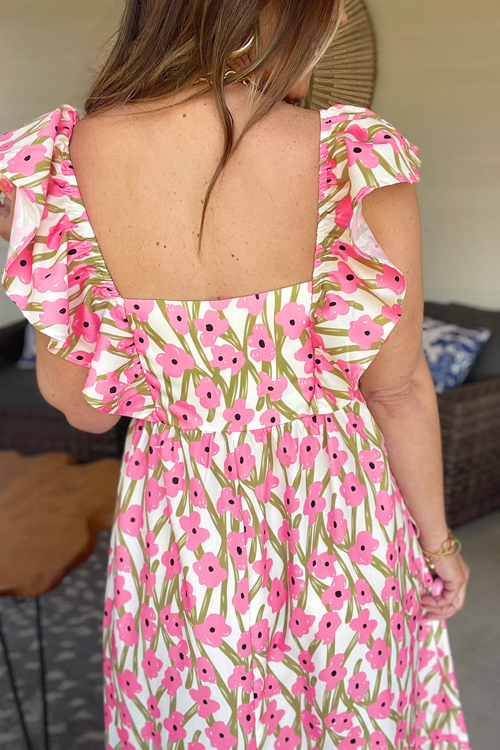 Pink Plus Size Ruffle Trim Square Neck High Waist Floral Maxi Dress-TOPS / DRESSES-[Adult]-[Female]-2022 Online Blue Zone Planet
