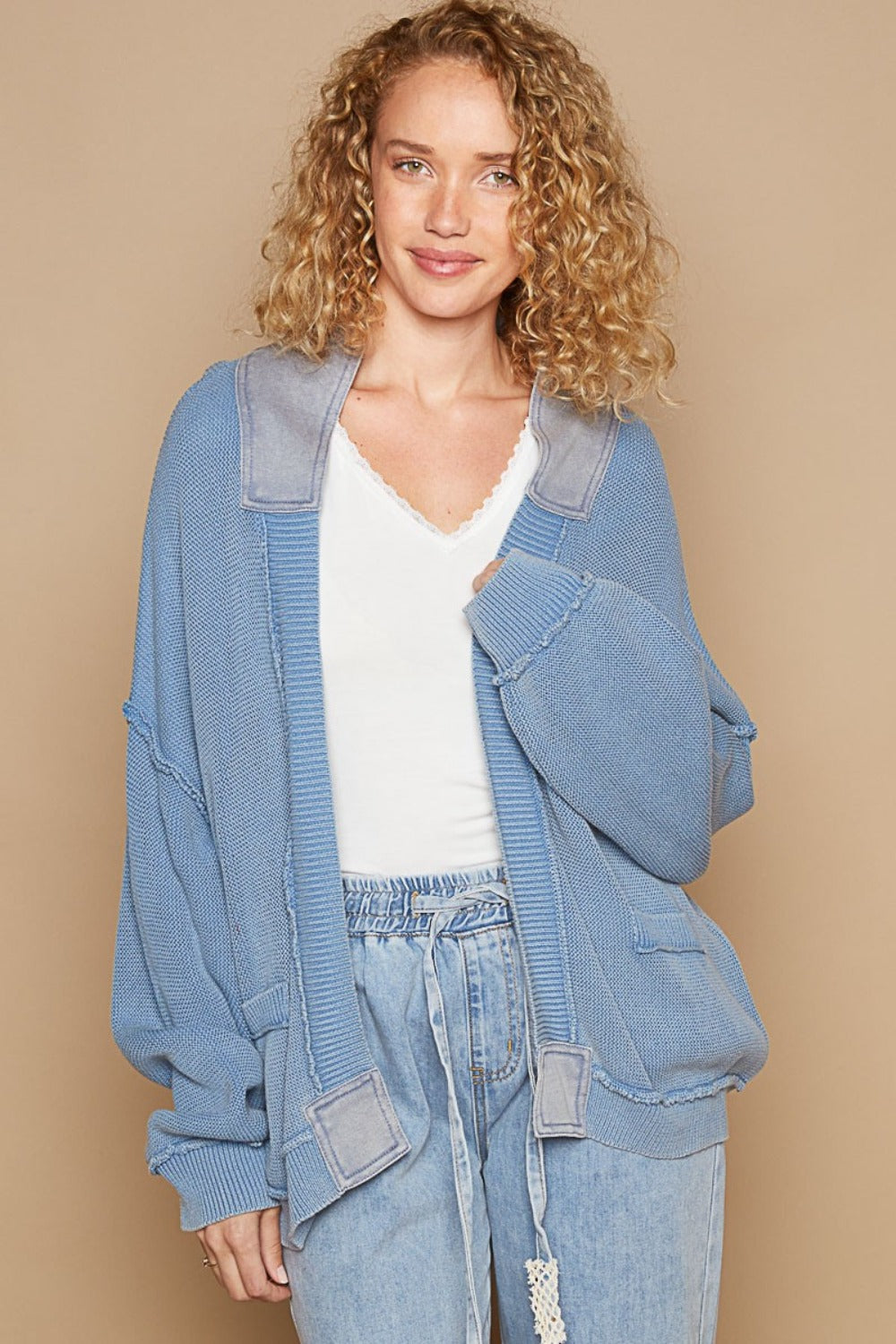 Blue Zone Planet | POL Open Front Washed Knit Cardigan with Pockets-TOPS / DRESSES-[Adult]-[Female]-Dream Blue-S-2022 Online Blue Zone Planet