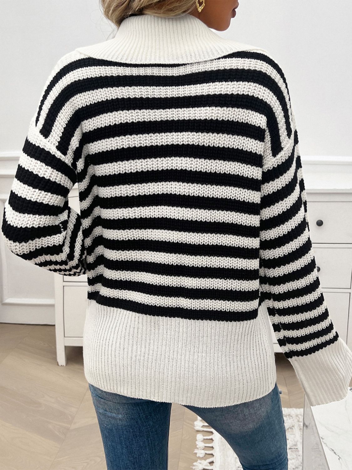 Striped Collared Neck Long Sleeve Sweater-TOPS / DRESSES-[Adult]-[Female]-2022 Online Blue Zone Planet