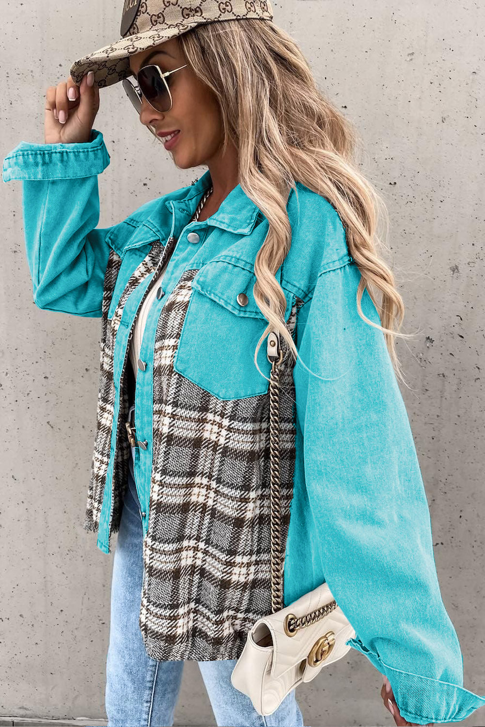 Blue Zone Planet | Sky Blue Plaid Patchwork Pockets Denim Jacket-Outerwear/Denim jackets-[Adult]-[Female]-2022 Online Blue Zone Planet