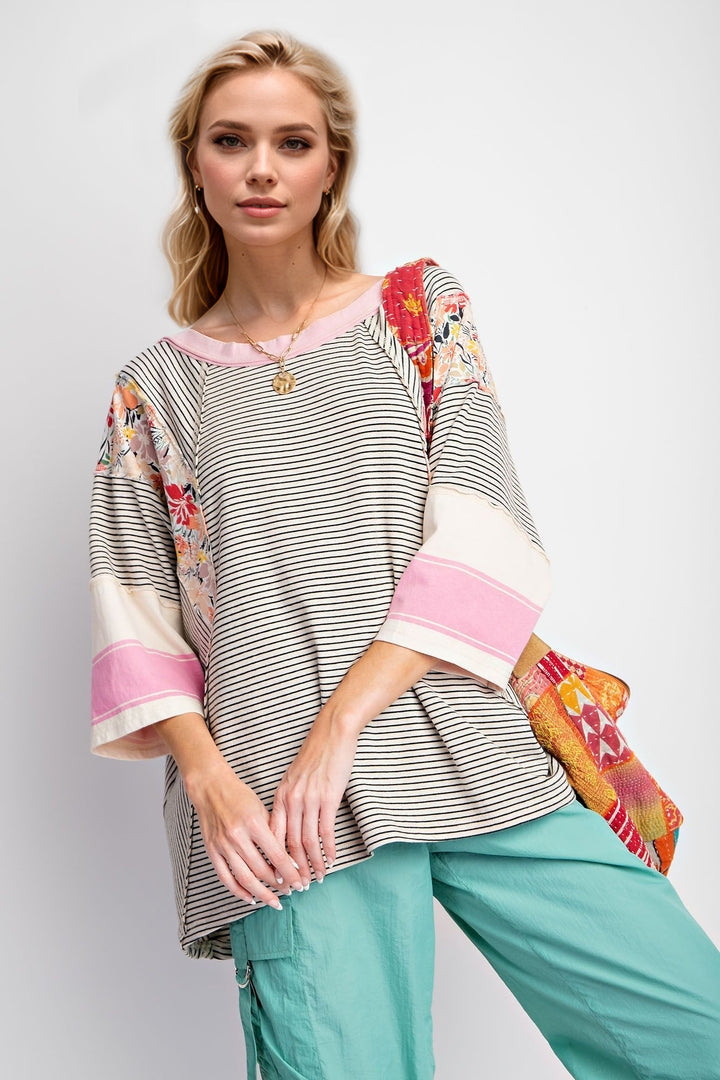 Color Block Printed Three-Quarter Sleeve Top-TOPS / DRESSES-[Adult]-[Female]-2022 Online Blue Zone Planet