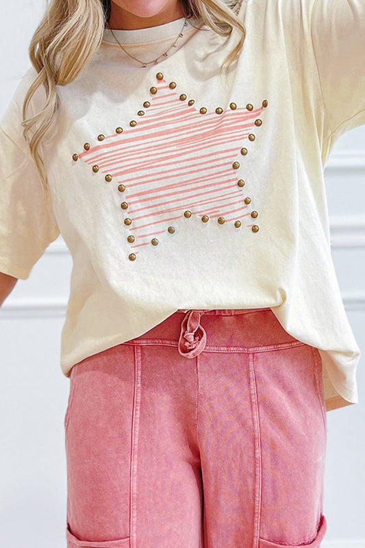 Beige Star Print Stud Detail Cotton Jersey Top-Tops/Tops & Tees-[Adult]-[Female]-Beige-S-2022 Online Blue Zone Planet