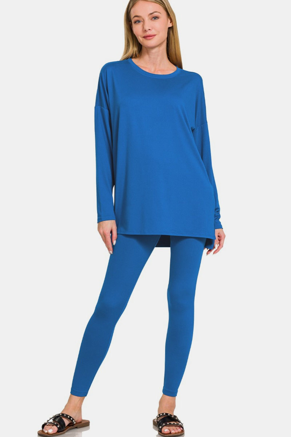 Blue Zone Planet | Zenana Full Size Brushed Microfiber Top and Leggings Lounge Set-BOTTOMS SIZES SMALL MEDIUM LARGE-[Adult]-[Female]-Classic Blue-S-2022 Online Blue Zone Planet