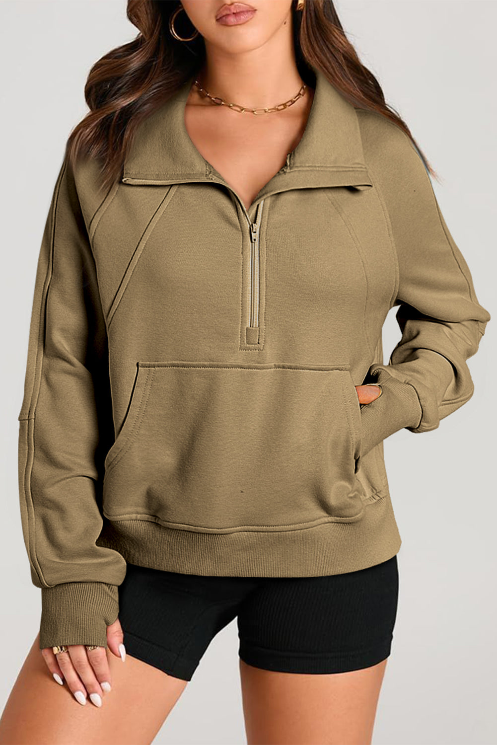 Brown Quarter Zip Stand Neck Kangaroo Pocket Sweatshirt-Tops/Sweatshirts & Hoodies-[Adult]-[Female]-Brown-S-2022 Online Blue Zone Planet