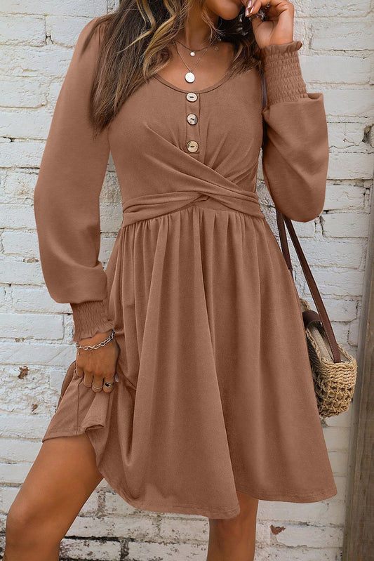 Chestnut Shirred Cuff Long Sleeve Button Round Neck Mini Dress-TOPS / DRESSES-[Adult]-[Female]-Chestnut-S-2022 Online Blue Zone Planet