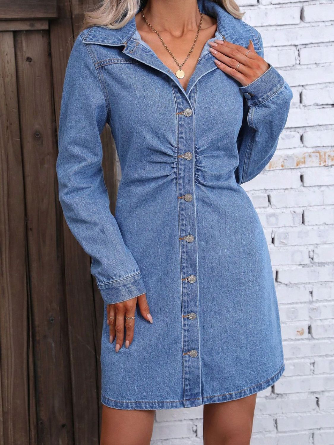 Ruched Button Up Long Sleeve Denim Dress-TOPS / DRESSES-[Adult]-[Female]-2022 Online Blue Zone Planet