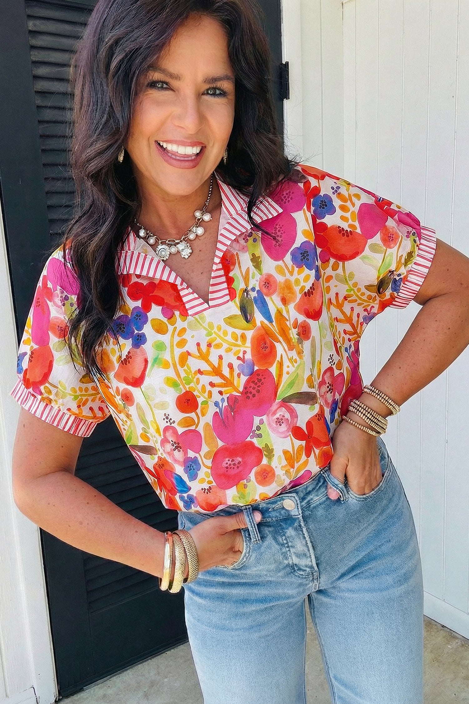 Rose Striped Trim Collared V Neck Short Sleeve Floral Print Blouse-Tops/Blouses & Shirts-[Adult]-[Female]-2022 Online Blue Zone Planet