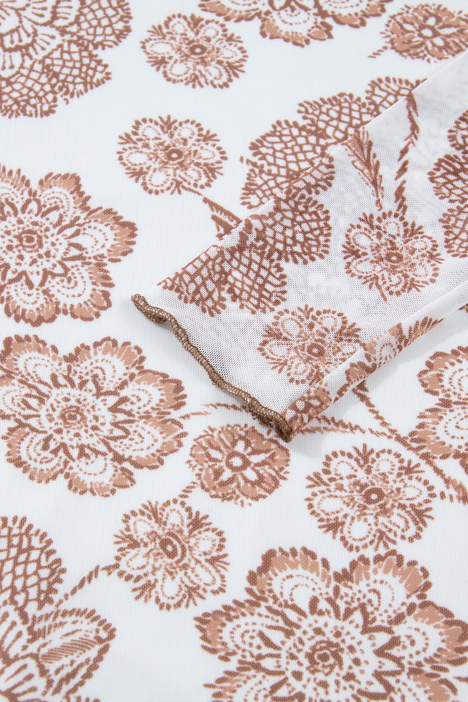 Brown Thumbhole Long Sleeve Floral Print Mesh Top-Tops/Long Sleeve Tops-[Adult]-[Female]-2022 Online Blue Zone Planet