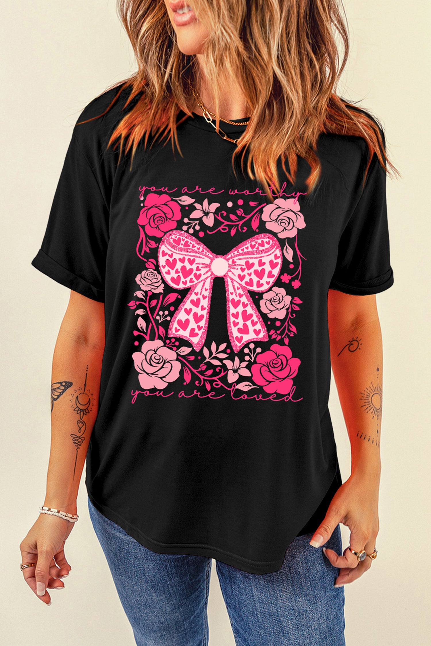 Black Valentines Day Slogan Floral And Bow Printed T Shirt-Graphic Tees-[Adult]-[Female]-2022 Online Blue Zone Planet