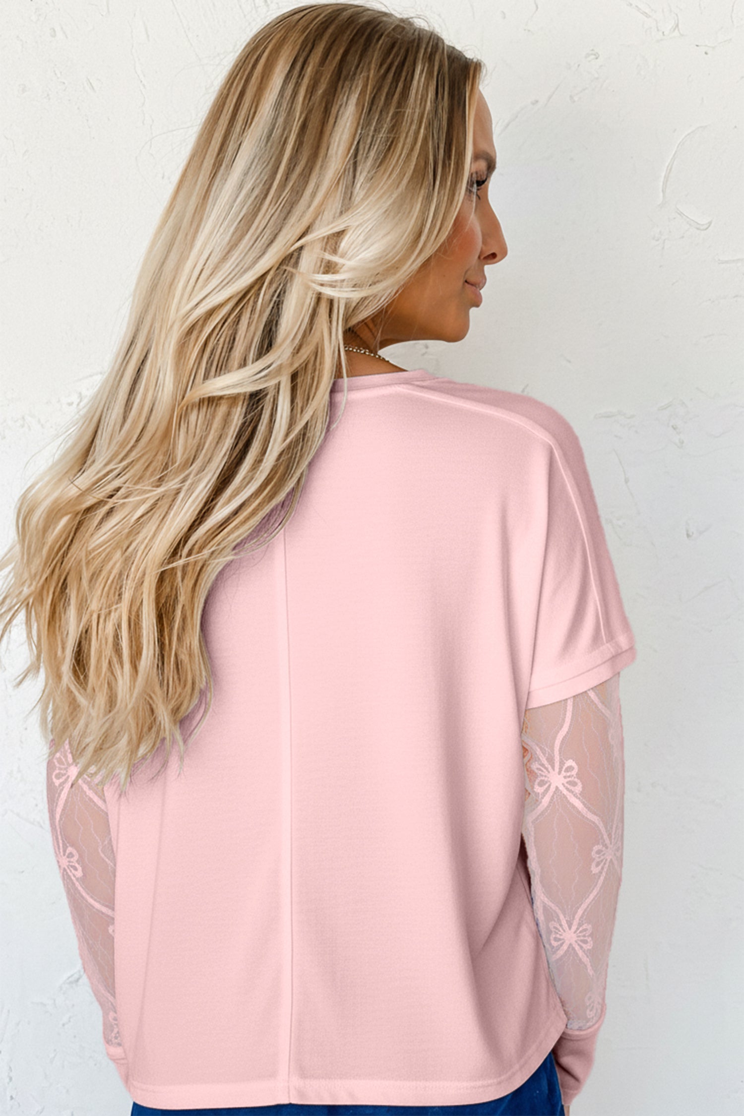 Light Pink Solid Color Bow Textured Patchwork Long Sleeve Tee-Tops/Long Sleeve Tops-[Adult]-[Female]-2022 Online Blue Zone Planet