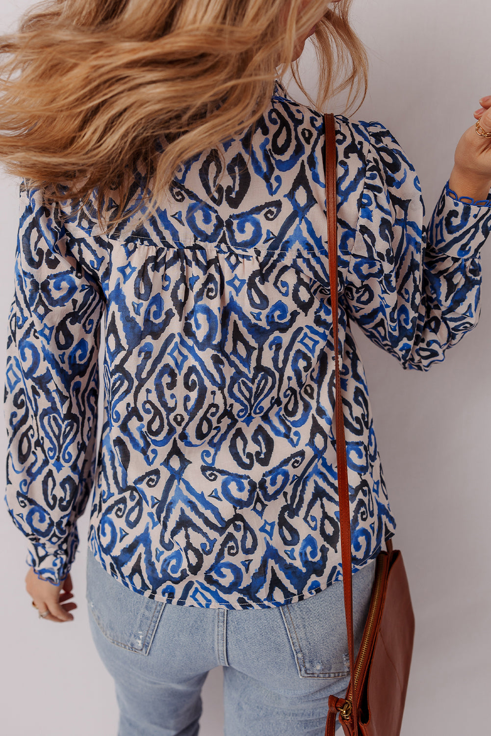 Blue Bohemian Print Embroidered V Neckline Detail Long Sleeve Shirt-Tops/Blouses & Shirts-[Adult]-[Female]-2022 Online Blue Zone Planet