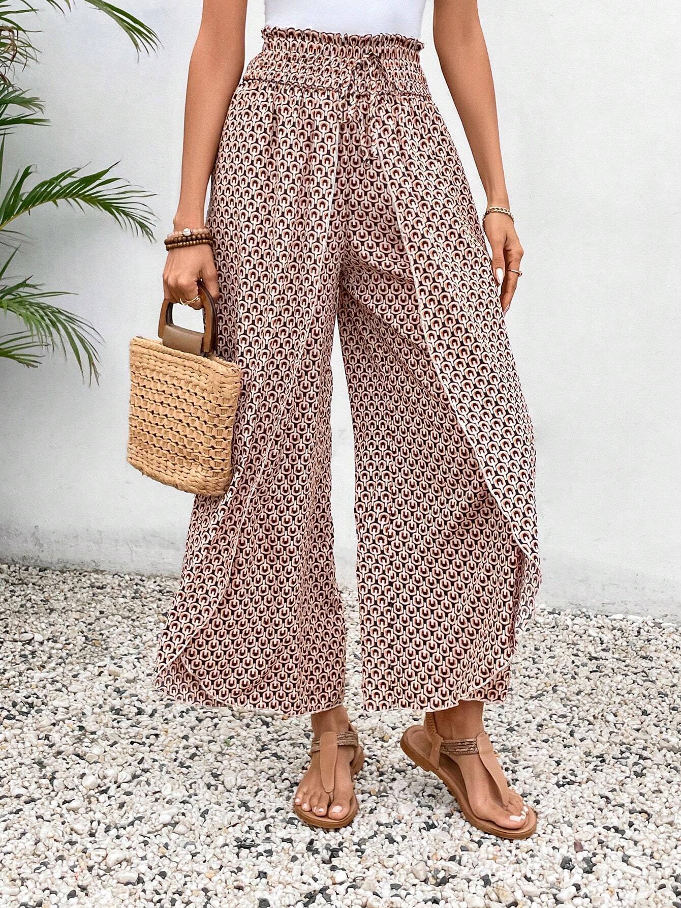 Black Bohemian Print Slit Wide Leg Smocked High Waist Pants-Bottoms/Pants & Culotte-[Adult]-[Female]-Red-S-2022 Online Blue Zone Planet