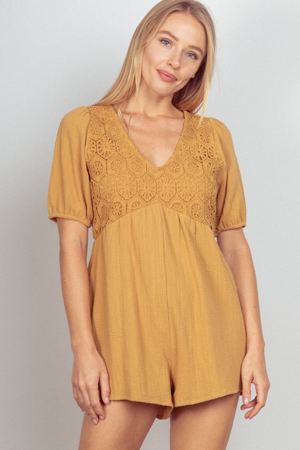 VERY J Lace Detail Puff Sleeve Romper with Pockets-TOPS / DRESSES-[Adult]-[Female]-Camel-S-2022 Online Blue Zone Planet