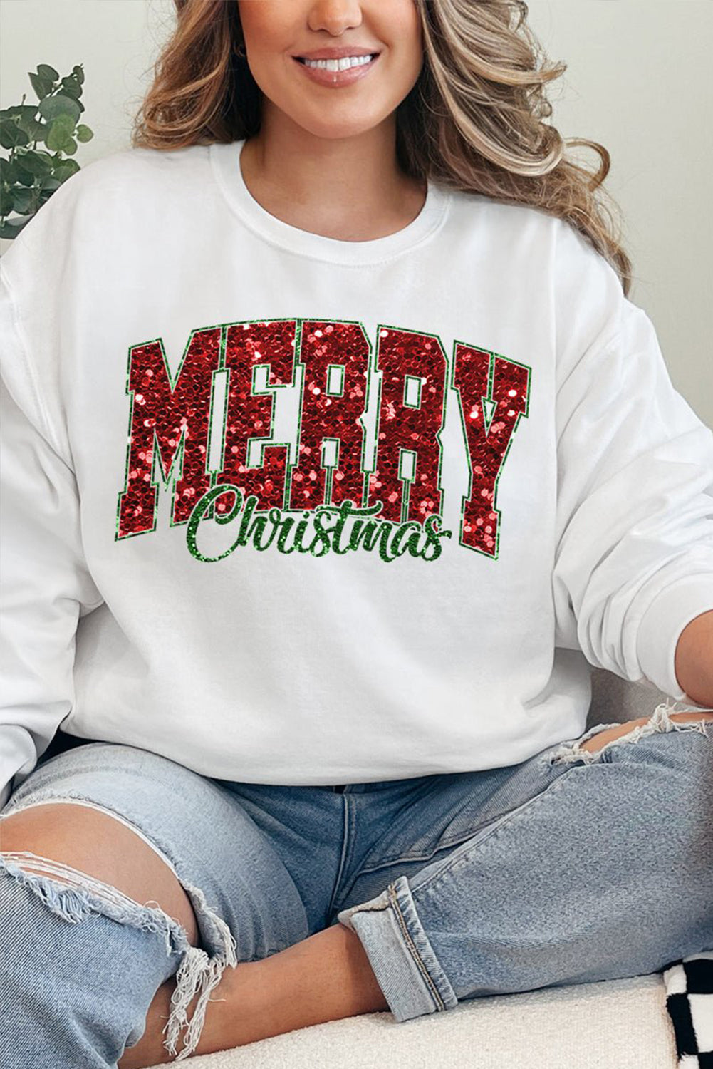 Beige MERRY Christmas Heat Transfer Printing Crewneck Pullover Sweatshirt-Graphic/Graphic Sweatshirts-[Adult]-[Female]-2022 Online Blue Zone Planet