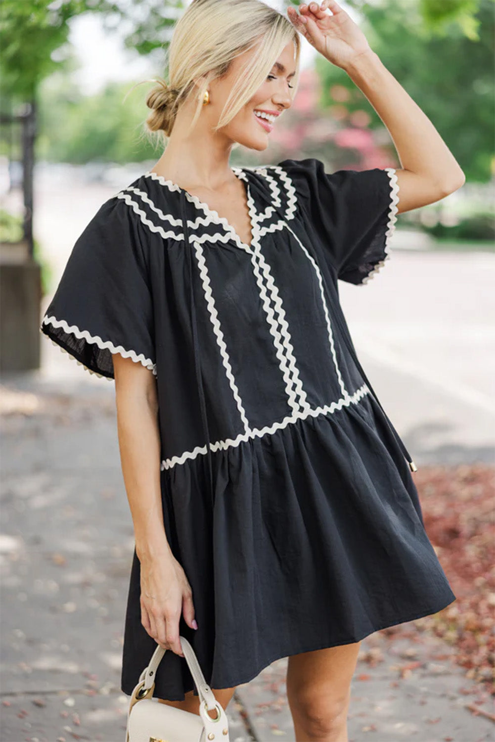 Black Contrast Ricrac Trim Short Sleeve V Neck Loose Mini Dress-TOPS / DRESSES-[Adult]-[Female]-2022 Online Blue Zone Planet