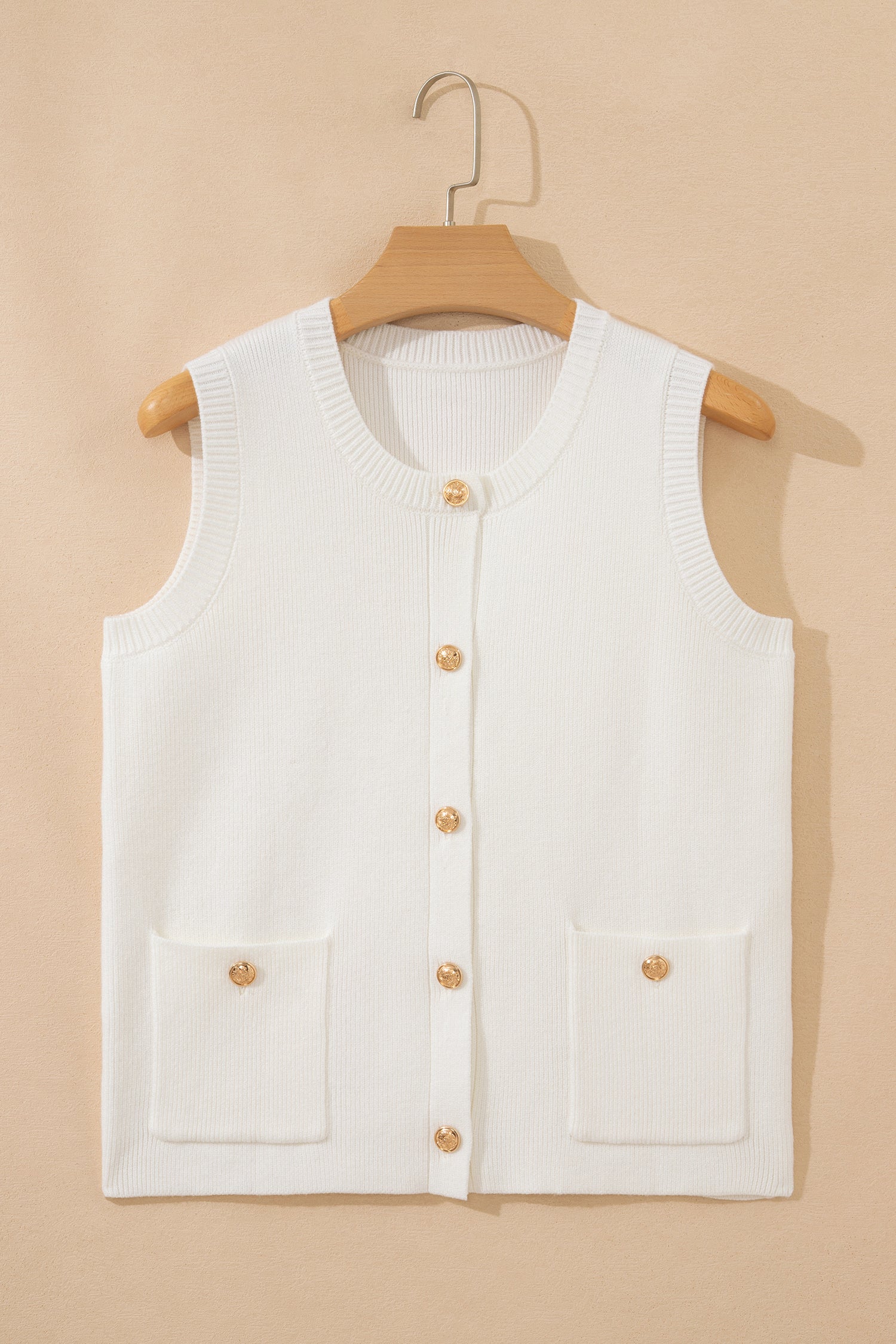 Yellow Cream Solid Color Sleeveless Knit Button Pocketed Sweater-Sweaters & Cardigans/Sweater Vests-[Adult]-[Female]-2022 Online Blue Zone Planet