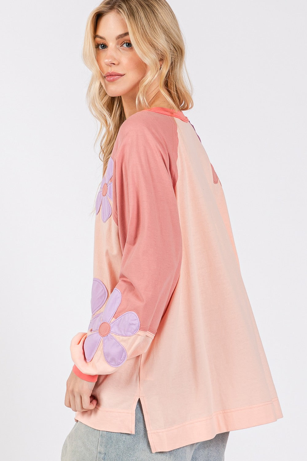 SAGE + FIG Full Size Daisy Applique Patch Color Block Long Sleeve Top-TOPS / DRESSES-[Adult]-[Female]-2022 Online Blue Zone Planet