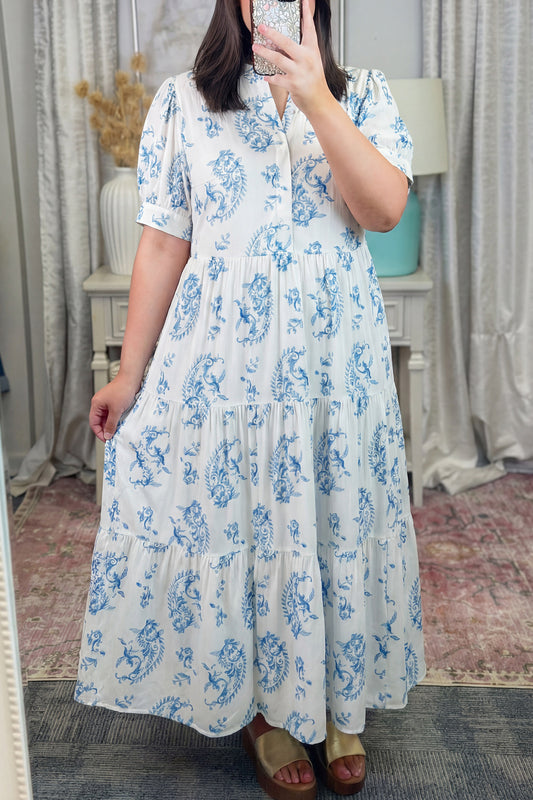 Sky Blue Plus Size Geometric Floral Print Button Split Neck Short Sleeve Maxi Dress-Plus Size/Plus Size Dresses/Plus Size Maxi Dresses-[Adult]-[Female]-Sky Blue-1X-2022 Online Blue Zone Planet