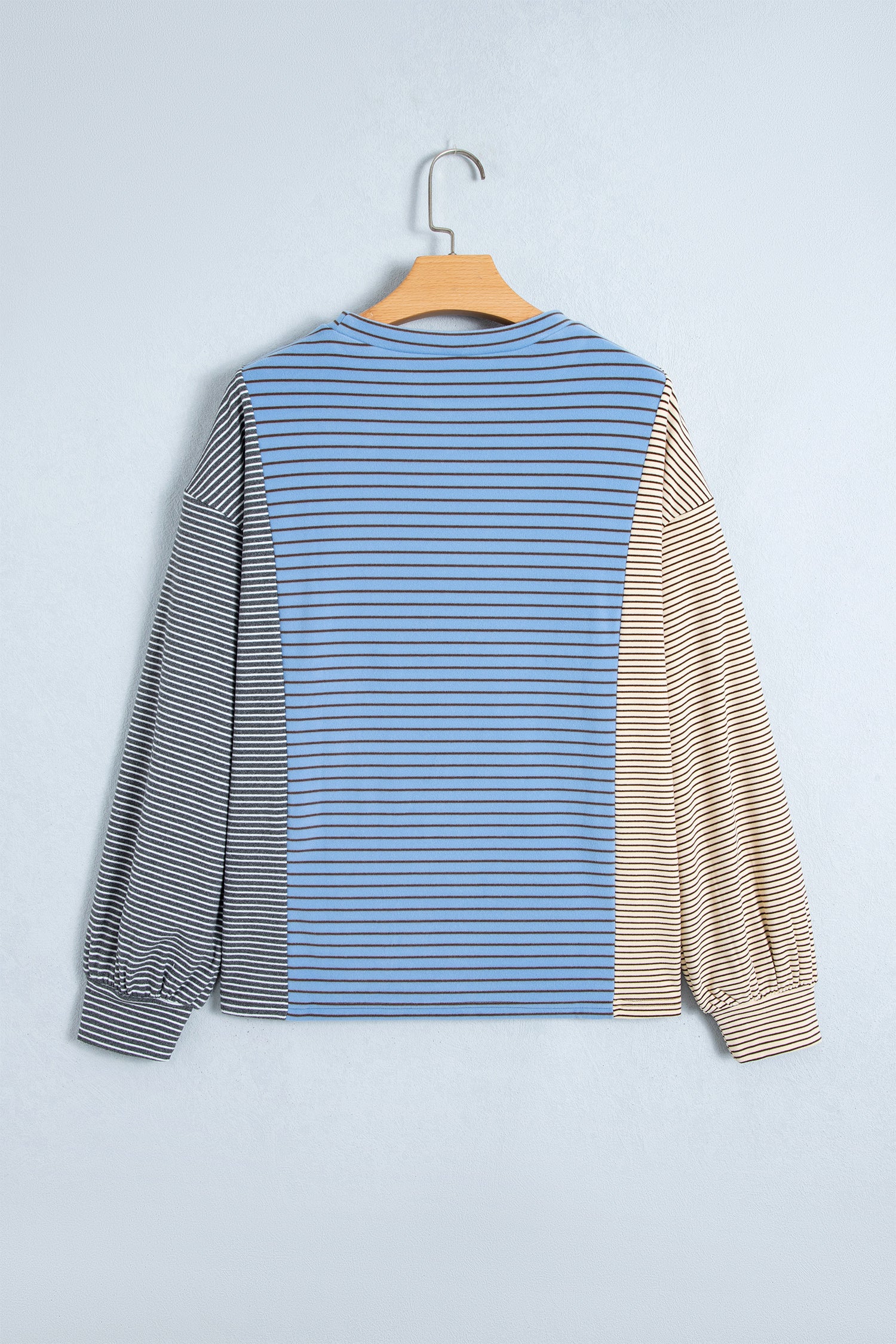 Sky Blue Stripe Color Block Contrast Long Sleeve Round Neck Casual Shift Pullover-Tops/Long Sleeve Tops-[Adult]-[Female]-2022 Online Blue Zone Planet