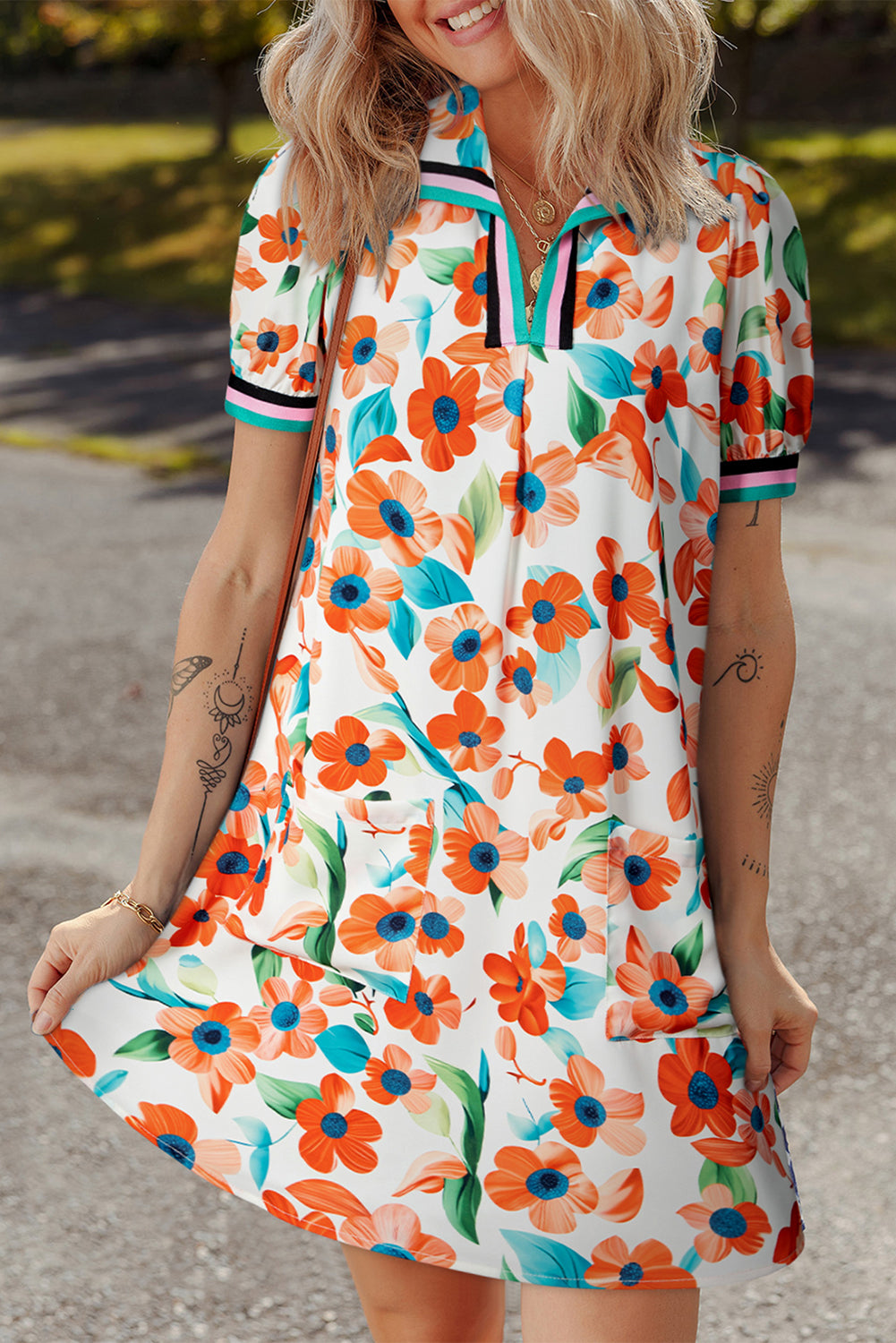 Orange Contrast Trim Floral Split Neck Puff Short Sleeve Tiered Mini Dress-TOPS / DRESSES-[Adult]-[Female]-Orange-S-2022 Online Blue Zone Planet
