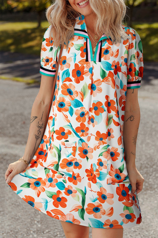 Orange Contrast Trim Floral Split Neck Puff Short Sleeve Tiered Mini Dress-TOPS / DRESSES-[Adult]-[Female]-Orange-S-2022 Online Blue Zone Planet