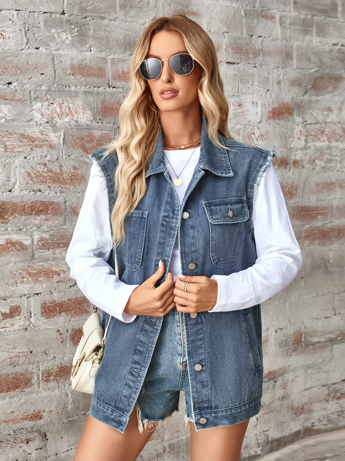 Raw Hem Sleeveless Button Up Denim Jacket-TOPS / DRESSES-[Adult]-[Female]-2022 Online Blue Zone Planet