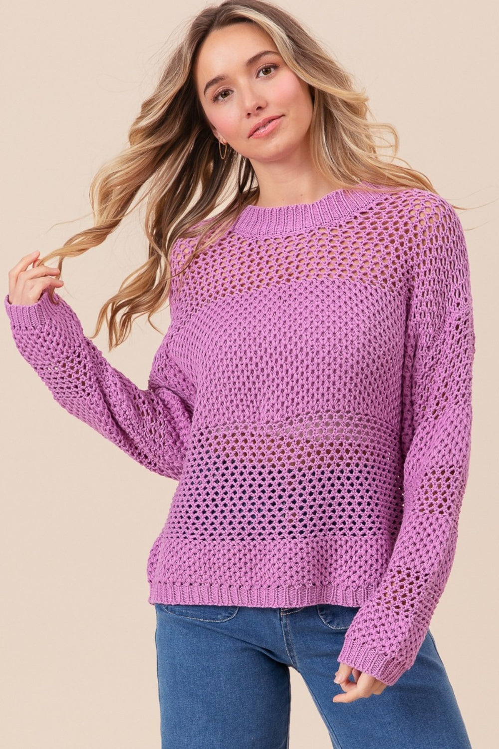 Blue Zone Planet | BiBi Openwork Long Sleeve Knit Top-TOPS / DRESSES-[Adult]-[Female]-2022 Online Blue Zone Planet