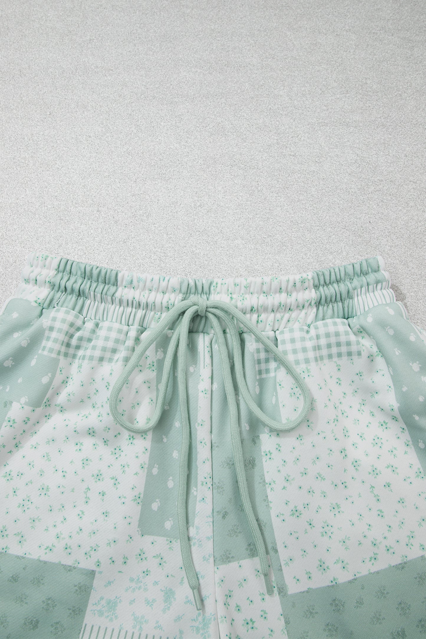 Green Patchwork Floral Print Drop Shoulder Baggy Pullover Drawstring Shorts Set-Two Piece Sets/Short Sets-[Adult]-[Female]-2022 Online Blue Zone Planet