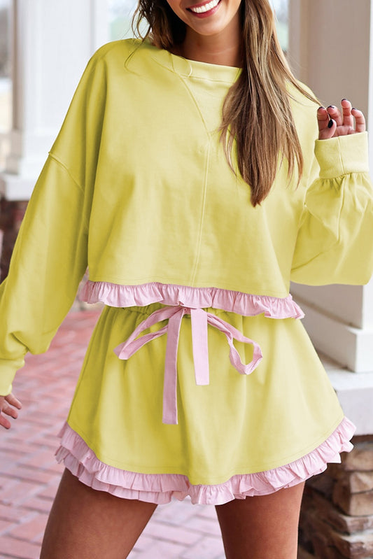Yellow Cream Plaid Ruffled Patchwork Drop Shoulder Pullover and Drawstring Elastic Waist Shorts Matching Set-Two Piece Sets/Short Sets-[Adult]-[Female]-Yellow Cream-S-2022 Online Blue Zone Planet
