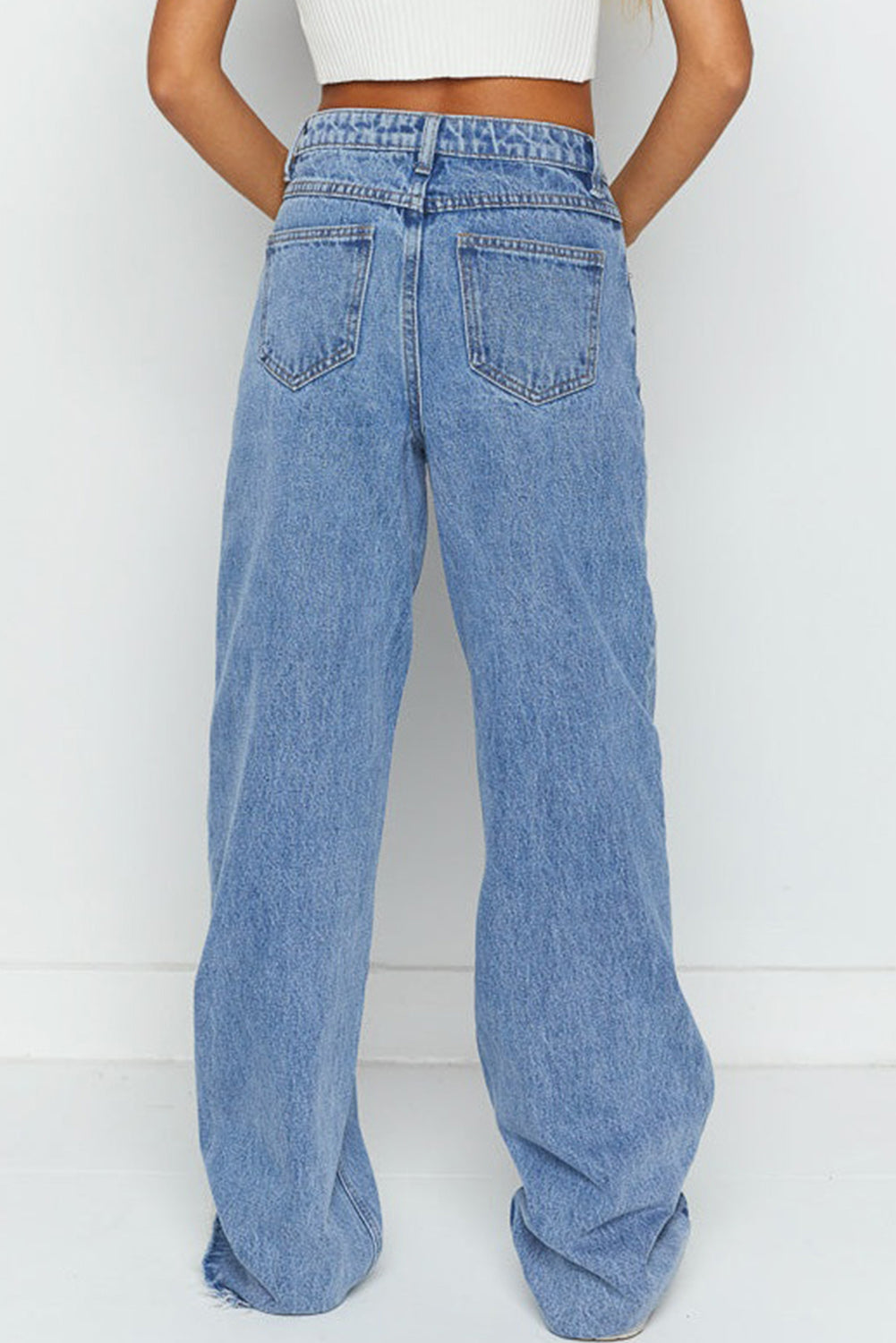 Blue Mid Rise Asymmetrical Waist Wide Leg Jeans-Bottoms/Jeans-[Adult]-[Female]-2022 Online Blue Zone Planet