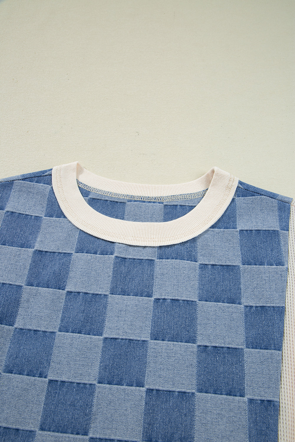 Sky Blue Oversized Checkered Denim Exposed Seam Patchwork Casual Sweatshirt-Tops/Sweatshirts & Hoodies-[Adult]-[Female]-2022 Online Blue Zone Planet