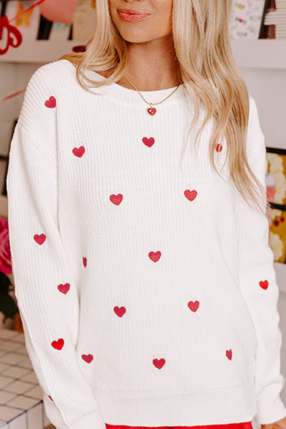 Heart Round Neck Long Sleeve Sweater-TOPS / DRESSES-[Adult]-[Female]-2022 Online Blue Zone Planet