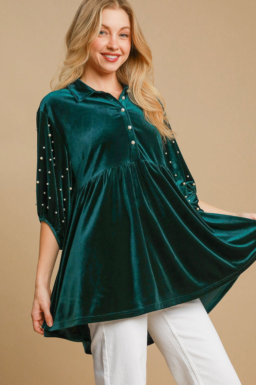 Umgee Pearl Detail Half Sleeve Velvet Babydoll Blouse Hunter Green / S