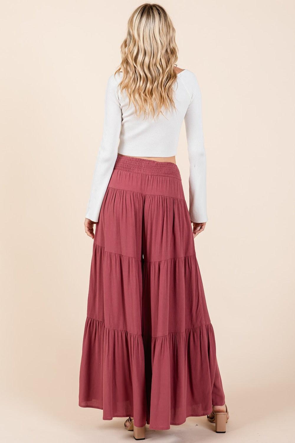 Mittoshop Tier Detail Smocked Elastic Waist Wide Leg Pants-[Adult]-[Female]-2022 Online Blue Zone Planet