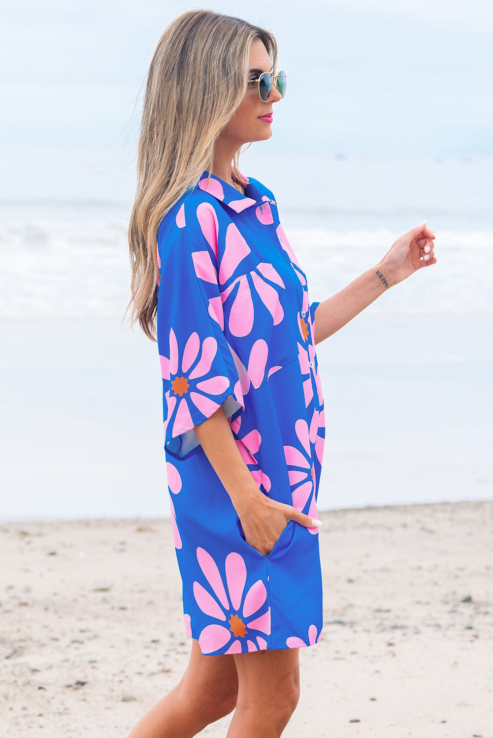 Blue Summer Flower Print Shirt Collar Button Front Loose Romper-Bottoms/Jumpsuits & Rompers-[Adult]-[Female]-2022 Online Blue Zone Planet