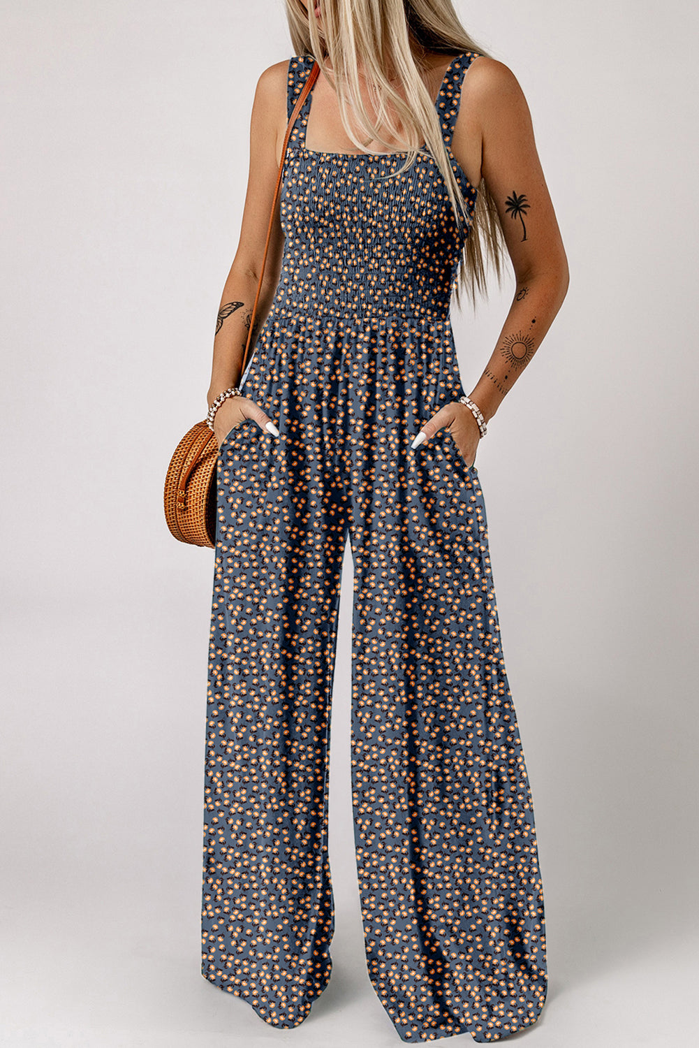 Blue Floral Square Neckline Stretch High Waist Jumpsuit-Jumpsuits-[Adult]-[Female]-Blue-S-2022 Online Blue Zone Planet