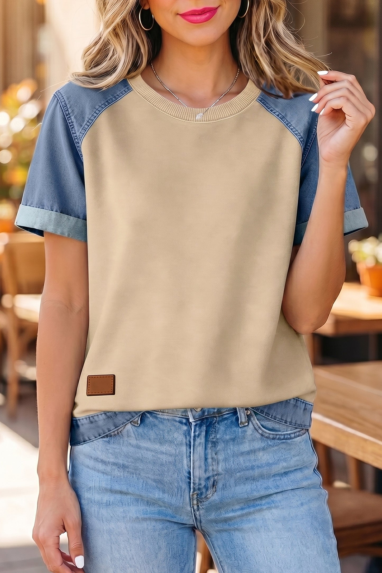 Beige Denim Color Block Patchwork Round Neck Tee-Tops/Tops & Tees-[Adult]-[Female]-Parchment-S-2022 Online Blue Zone Planet